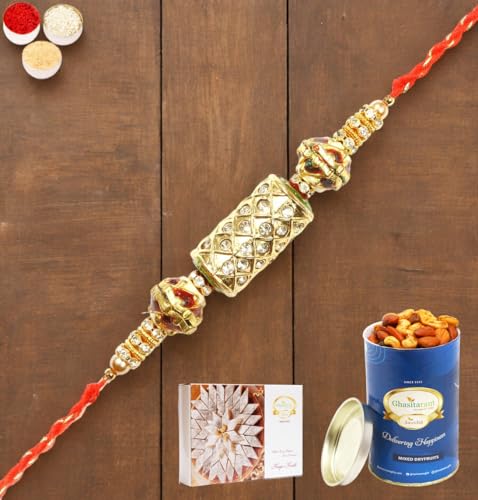 Ghasitaram Gifts Rakhi for Brother Rakhis Online - RM-579 PremiumRakhi with 100 gms of Dryfruits Mix Can 200 gms of Kaju katli von Ghasitaram Gifts