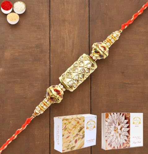 Ghasitaram Gifts Rakhi for Brother Rakhis Online - RM-579 PremiumRakhi with 200 gms of Kaju katli and 200 gms of Soan Papdi von Ghasitaram Gifts