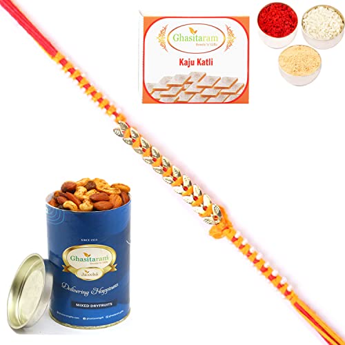 Ghasitaram Gifts Rakhi for Brother Rakhis Online - RM-583 Fancy Thread Rakhi with 100 gms of Dryfruits Mix Can 200 gms of Kaju katli von Ghasitaram Gifts