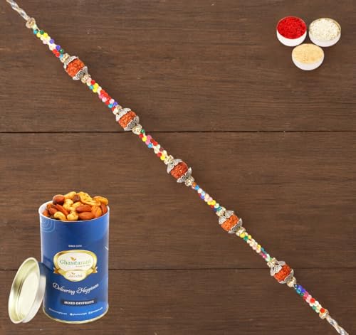 Ghasitaram Gifts Rakhi for Brother Rakhis Online - RM-766 Premium Rakhi with 100 gms of Dryfruits Mix Can von Ghasitaram Gifts