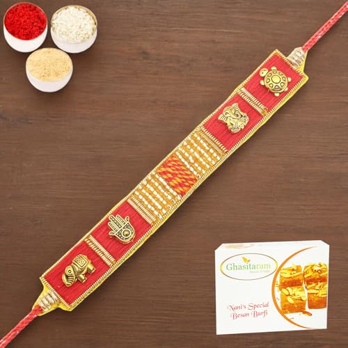 Ghasitaram Gifts Rakhi for Brother Rakhis Online - RM600 - Red Traditional Bracelet Rakhi with 400 gms of Besan Barfi Ghasitaram Gifts Rakhi for Brother Rakhis Online - RM600 - Red Traditional Bracelet Rakhi with 400 gms of Besan Barfi von Ghasitaram Gifts