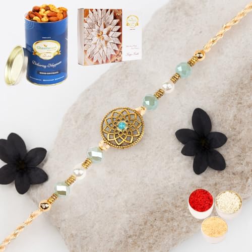 Ghasitaram Gifts Rakhi for Brother Rakhis Online - Rm- 643 Premium Rakhis with 100 gms of Dryfruits Mix Can 200 gms of Kaju katli von Ghasitaram Gifts