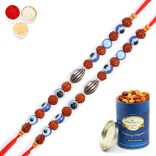 Ghasitaram Gifts Rakhi for Brother Rakhis Online Set of 2 - 1752- Rudraksh Rakhi with 100 GMS of Dryfruits Mix Can von Ghasitaram Gifts