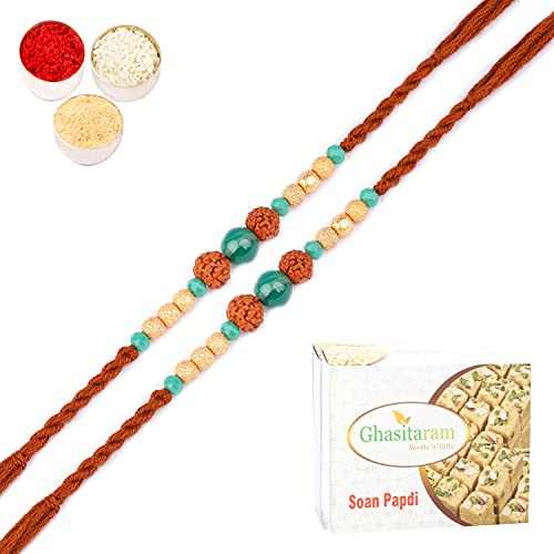 Ghasitaram Gifts Rakhi for Brother Rakhis Online - Set of 2-1891- Rudraksh Rakhi with 200 gms of Soan Papdi von Ghasitaram Gifts