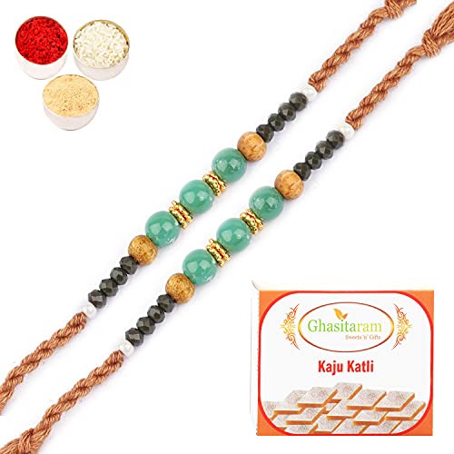 Ghasitaram Gifts Rakhi for Brother Rakhis Online - Set of 2-1897 Fancy Thread Rakhi with 200 gms of Kaju katli von Ghasitaram Gifts