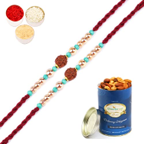 Ghasitaram Gifts Rakhi for Brother Rakhis Online Set of 2-1903- Rudraksh Rakhi with 100 gms of Dryfruits Mix Can von Ghasitaram Gifts