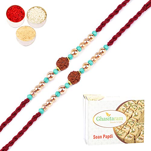 Ghasitaram Gifts Rakhi for Brother Rakhis Online - Set of 2-1903- Rudraksh Rakhi with 200 gms of Soan Papdi von Ghasitaram Gifts