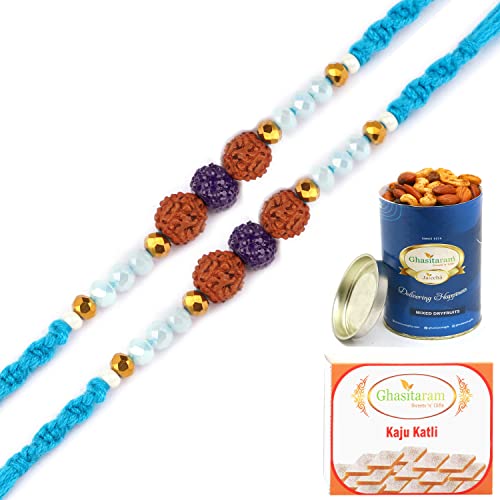 Ghasitaram Gifts Rakhi for Brother Rakhis Online Set of 2-1907- Rudraksh Rakhi with 100 gms of Dryfruits Mix Can 200 gms of Kaju katli Ghasitaram Gifts Rakhi for Brother Rakhis Online Set of 2-1907- Rudraksh Rakhi with 100 gms of Dryfruits Mix Can 200 gms of Kaju katli von Ghasitaram Gifts