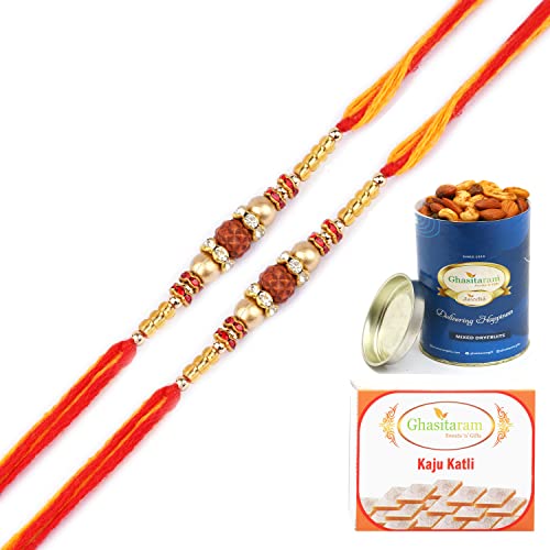 Ghasitaram Gifts Rakhi for Brother Rakhis Online Set of 2-1908- Rudraksh Rakhi with 100 gms of Dryfruits Mix Can 200 gms of Kaju katli von Ghasitaram Gifts