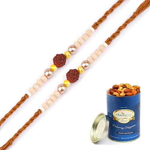 Ghasitaram Gifts Rakhi for Brother Rakhis Online Set of 2-1908- Rudraksh Rakhi with 100 gms of Dryfruits Mix Can von Ghasitaram Gifts