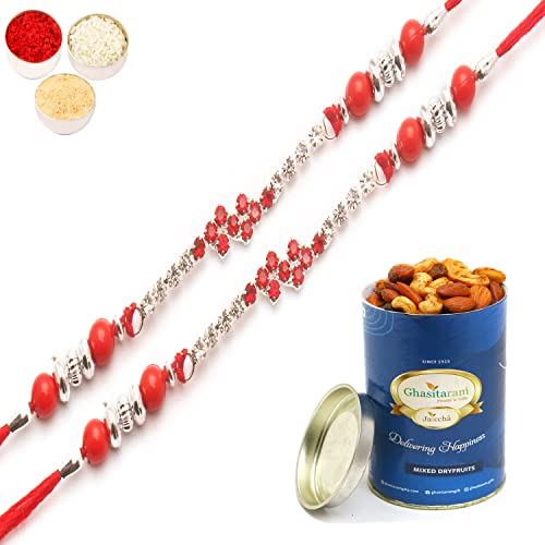 Ghasitaram Gifts Rakhi for Brother Rakhis Online - Set of 2-333 diamond Rakhi with 100 gms of Dryfruits Mix Can von Ghasitaram Gifts