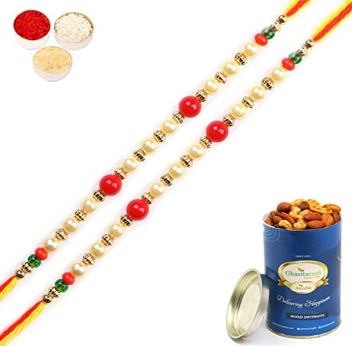 Ghasitaram Gifts Rakhi for Brother Rakhis Online -Set of 2-6047 Pearl Rakhi For my Brother with 100 gms of Dryfruits Mix Can von Ghasitaram Gifts