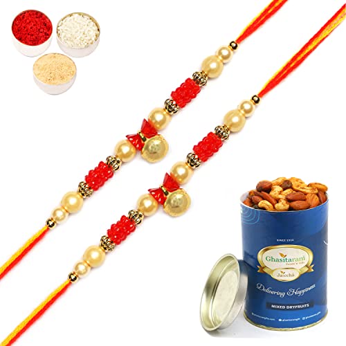 Ghasitaram Gifts Rakhi for Brother Rakhis Online - Set of 2-6127 Pearl Rakhi For my Brother with 100 gms of Dryfruits Mix Can von Ghasitaram Gifts