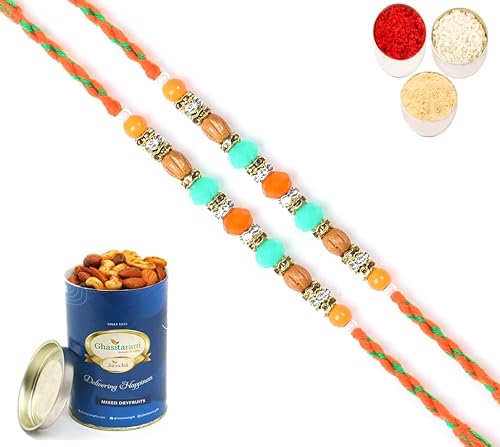 Ghasitaram Gifts Rakhi for Brother Rakhis Online - Set of 2-6366 Fancy Thread Rakhis with 100 gms of Dryfruits Mix Can Ghasitaram Gifts Rakhi for Brother Rakhis Online - Set of 2-6366 Fancy Thread Rakhis with 100 gms of Dryfruits Mix Can von Ghasitaram Gifts