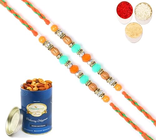 Ghasitaram Gifts Rakhi for Brother Rakhis Online - Set of 2-6366 Fancy Thread Rakhis with 100 gms of Dryfruits Mix Can von Ghasitaram Gifts