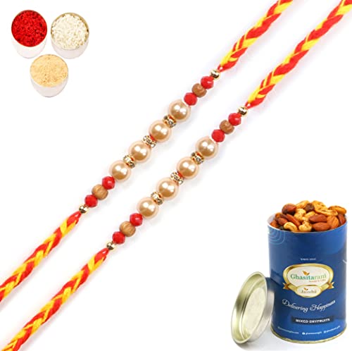 Ghasitaram Gifts Rakhi for Brother Rakhis Online -Set of 2-6432 Pearl Rakhi For my Brother with 100 gms of Dryfruits Mix Can von Ghasitaram Gifts