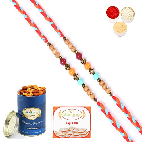 Ghasitaram Gifts Rakhi for Brother Rakhis Online - Set of 2-6433 Fancy Thread Rakhis with 100 gms of Dryfruits Mix Can 200 gms of Kaju katli von Ghasitaram Gifts