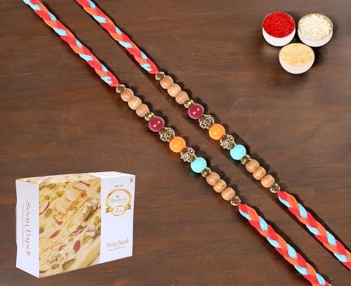 Ghasitaram Gifts Rakhi for Brother Rakhis Online - Set of 2-6433 Fancy Thread Rakhiwith 200 gms of Soan Papdi von Ghasitaram Gifts