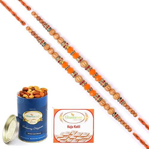 Ghasitaram Gifts Rakhi for Brother Rakhis Online - Set of 2-6493 Fancy Thread Rakhis with 100 gms of Dryfruits Mix Can 200 gms of Kaju katli von Ghasitaram Gifts