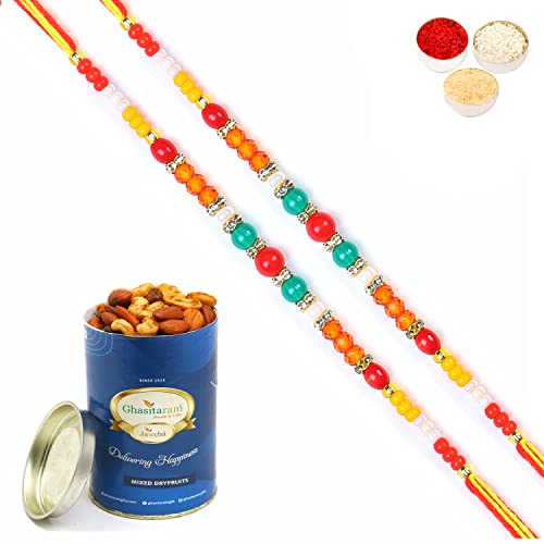 Ghasitaram Gifts Rakhi for Brother Rakhis Online - Set of 2-6503 Fancy Thread Rakhis with 100 gms of Dryfruits Mix Can von Ghasitaram Gifts