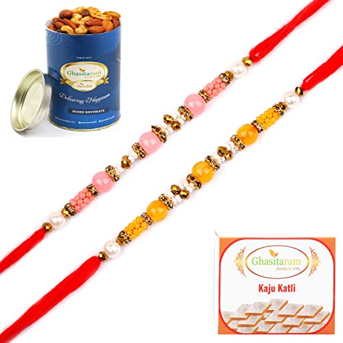 Ghasitaram Gifts Rakhi for Brother Rakhis Online - Set of 2-6511A Rakhis with 100 GMS of Dryfruits Mix Can 200 GMS of Kaju katli von Ghasitaram Gifts