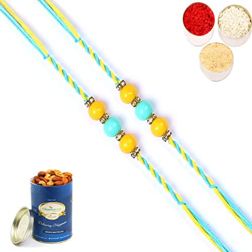 Ghasitaram Gifts Rakhi for Brother Rakhis Online - Set of 2-6562 Fancy Thread Rakhis with 100 gms of Dryfruits Mix Can Ghasitaram Gifts Rakhi for Brother Rakhis Online - Set of 2-6562 Fancy Thread Rakhis with 100 gms of Dryfruits Mix Can von Ghasitaram Gifts
