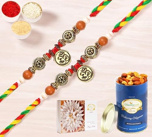 Ghasitaram Gifts Rakhi for Brother Rakhis Online - Set of 2-6571 Om Rakhis with 100 gms of Dryfruits Mix Can 200 gms of Kaju katli von Ghasitaram Gifts