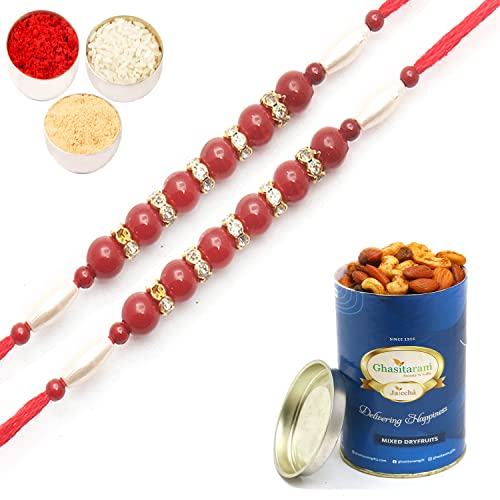 Ghasitaram Gifts Rakhi for Brother Rakhis Online- Set of 2-666 Fancy Thread Rakhi with 100 gms of Dryfruits Mix Can von Ghasitaram Gifts