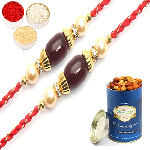 Ghasitaram Gifts Rakhi for Brother Rakhis Online-Set of 2-6794 fancy Thread Rakhi with 100 gms of Dryfruits Mix Can von Ghasitaram Gifts