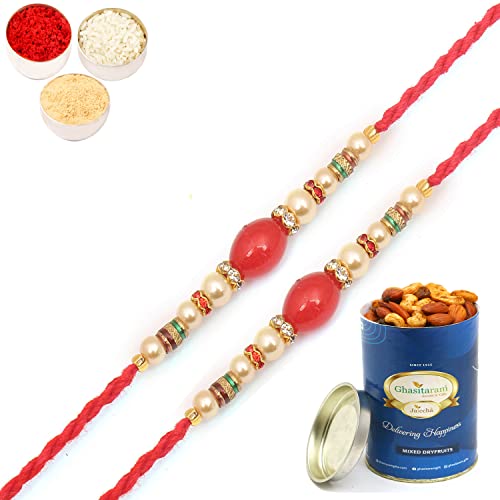 Ghasitaram Gifts Rakhi for Brother Rakhis Online - Set of 2-6856 Fancy Thread Rakhi with 100 gms of Dryfruits Mix Can von Ghasitaram Gifts