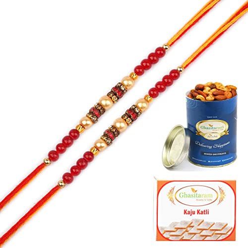 Ghasitaram Gifts Rakhi for Brother Rakhis Online - Set of 2-6941 Pearl Rakhi For my Brother with 100 gms of Dryfruits Mix Can 200 gms of Kaju katli von Ghasitaram Gifts