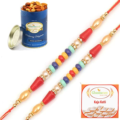 Ghasitaram Gifts Rakhi for Brother Rakhis Online - Set of 2-6959 Fancy Thread Rakhi with 100 gms of Dryfruits Mix Can 200 gms of Kaju katli von Ghasitaram Gifts