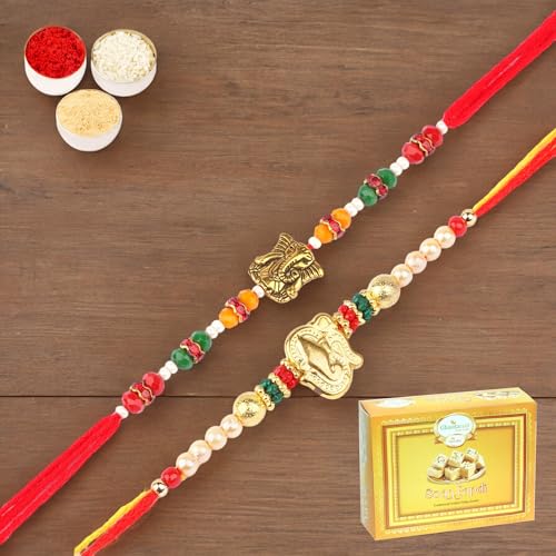 Ghasitaram Gifts Rakhi for Brother Rakhis Online - Set of 2-6971 and R-2110 Rakhi Threads with 400 gms of Soan Papdi von Ghasitaram Gifts