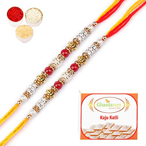 Ghasitaram Gifts Rakhi for Brother Rakhis Online -Set of 2-6981 Fancy Thread Rakhi with 200 gms of Kaju katli von Ghasitaram Gifts