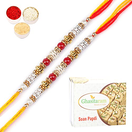 Ghasitaram Gifts Rakhi for Brother Rakhis Online -Set of 2-6981 Fancy Thread Rakhi with 200 gms of Soan Papdi von Ghasitaram Gifts