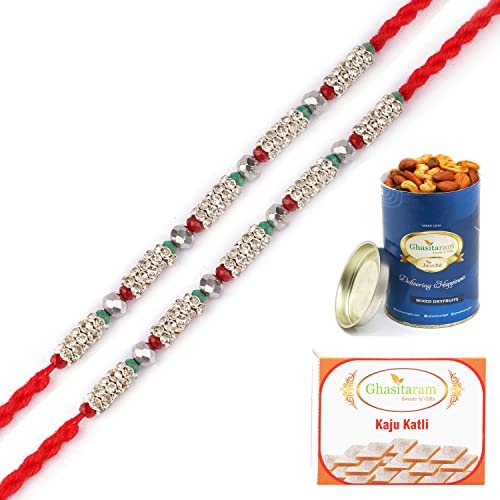 Ghasitaram Gifts Rakhi for Brother Rakhis Online - Set of 2-7077 Fancy Thread Rakhi with 100 gms of Dryfruits Mix Can 200 gms of Kaju katli von Ghasitaram Gifts