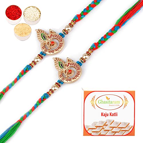 Ghasitaram Gifts Rakhi for Brother Rakhis Online - Set of 2 - 8528 Fancy Thread Rakhi with 400 GMS of Kaju katli von Ghasitaram Gifts