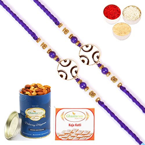 Ghasitaram Gifts Rakhi for Brother Rakhis Online - Set of 2-8928 Evil Eye Fancy Thread Rakhis with 100 gms of Dryfruits Mix Can 200 gms of Kaju katli von Ghasitaram Gifts