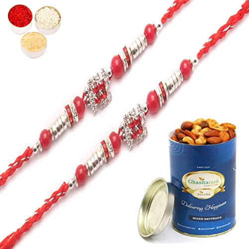 Ghasitaram Gifts Rakhi for Brother Rakhis Online - Set of 2 8983 Diamond Rakhi with 100 gms of Dryfruits Mix Can von Ghasitaram Gifts