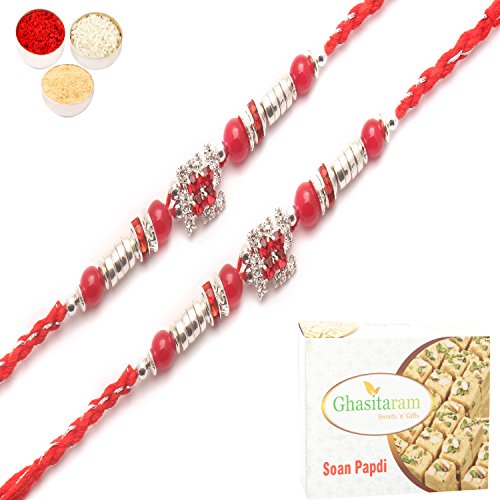 Ghasitaram Gifts Rakhi for Brother Rakhis Online - Set of 2 8983 Diamond Rakhi with 200 gms of Soan Papdi Ghasitaram Gifts Rakhi for Brother Rakhis Online - Set of 2 8983 Diamond Rakhi with 200 gms of Soan Papdi von Ghasitaram Gifts