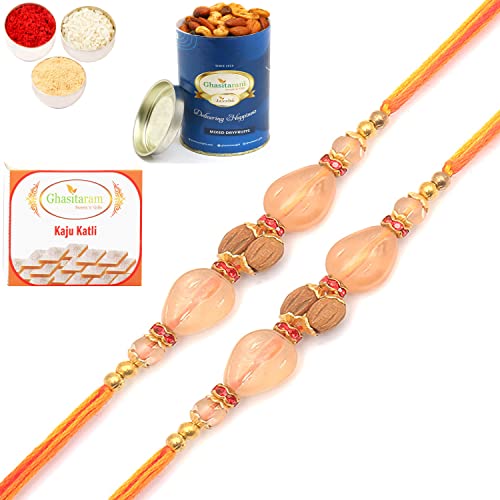 Ghasitaram Gifts Rakhi for Brother Rakhis Online - Set of 2 - AV5919 Fancy Thread Rakhi with 100 gms of Dryfruits Mix Can 200 gms of Kaju katli von Ghasitaram Gifts