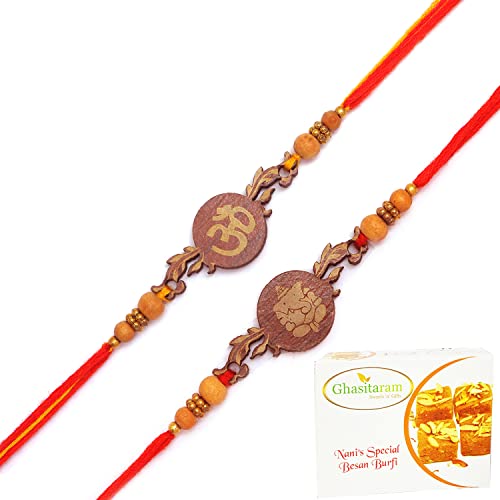 Ghasitaram Gifts Rakhi for Brother Rakhis Online - Set of 2 BW-5410 and BW-5414 Om Ganesh Divine Rakhis with 400 gms of Besan Barfi von Ghasitaram Gifts