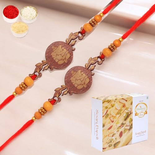 Ghasitaram Gifts Rakhi for Brother Rakhis Online- Set of 2 - BW-5414 Wooden Ganesha Rakhi with 200 GMS of Soan Papdi Ghasitaram Gifts Rakhi for Brother Rakhis Online- Set of 2 - BW-5414 Wooden Ganesha Rakhi with 200 GMS of Soan Papdi von Ghasitaram Gifts
