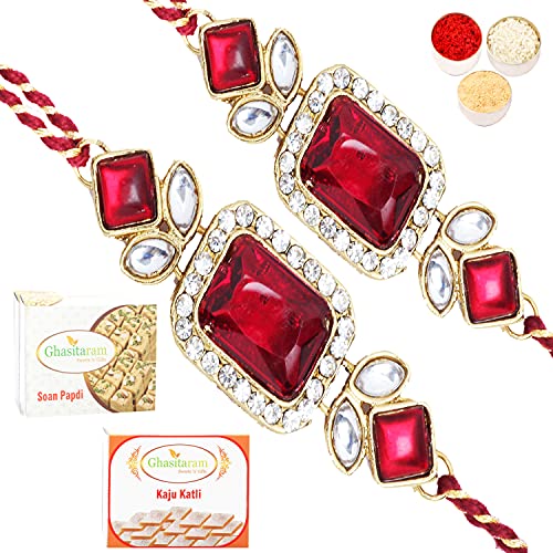 Ghasitaram Gifts Rakhi for Brother Rakhis Online- Set of 2 -J-3506 Rectangle Jewel Rakhi with 200 GMS of Kaju katli and 200 GMS of Soan Papdi von Ghasitaram Gifts