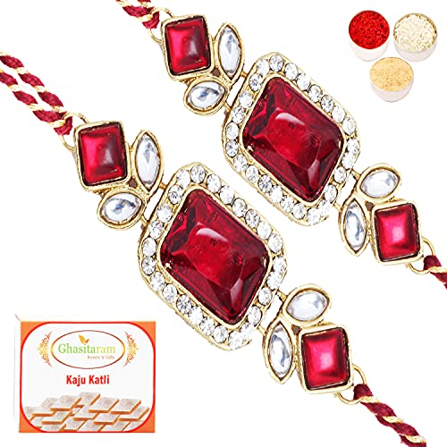 Ghasitaram Gifts Rakhi for Brother Rakhis Online-Set of 2 - J-3506 Rectangle Jewel Rakhi with 400 GMS of Kaju katli von Ghasitaram Gifts