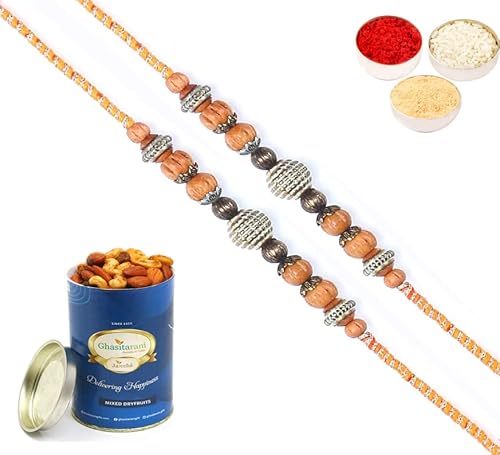 Ghasitaram Gifts Rakhi for Brother Rakhis Online - Set of 2 - L-1 Fancy Thread Rakhis with 100 gms of Dryfruits Mix Can von Ghasitaram Gifts