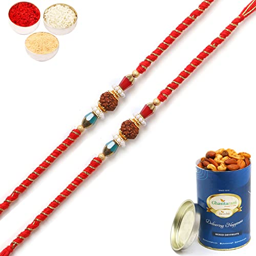 Ghasitaram Gifts Rakhi for Brother Rakhis Online Set of 2 - L-1 Rudraksh Rakhi with 100 gms of Dryfruits Mix Can von Ghasitaram Gifts