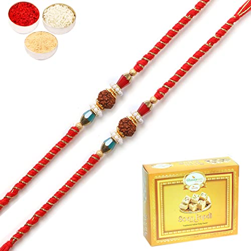 Ghasitaram Gifts Rakhi for Brother Rakhis Online Set of 2 - L-1 Rudraksh Rakhi with 400 gms of Soan Papdi von Ghasitaram Gifts