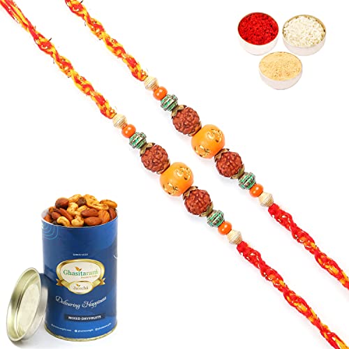 Ghasitaram Gifts Rakhi for Brother Rakhis Online Set of 2 - L-3 Rudraksh Rakhi with 100 gms of Dryfruits Mix Can Ghasitaram Gifts Rakhi for Brother Rakhis Online Set of 2 - L-3 Rudraksh Rakhi with 100 gms of Dryfruits Mix Can von Ghasitaram Gifts
