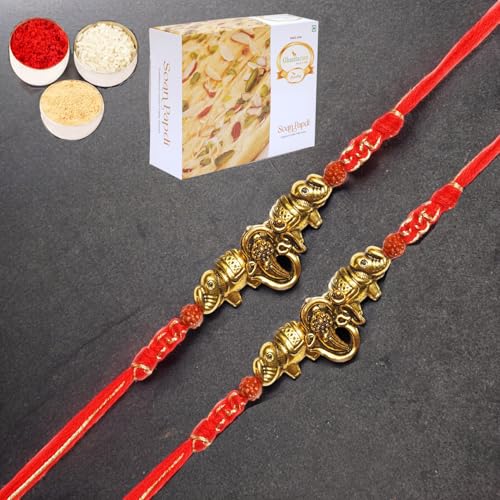 Ghasitaram Gifts Rakhi for Brother Rakhis Online- Set of 2 - LD-84 Om Ganesha Rakhi with 400 gms of Soan Papdi Ghasitaram Gifts Rakhi for Brother Rakhis Online- Set of 2 - LD-84 Om Ganesha Rakhi with 400 gms of Soan Papdi von Ghasitaram Gifts